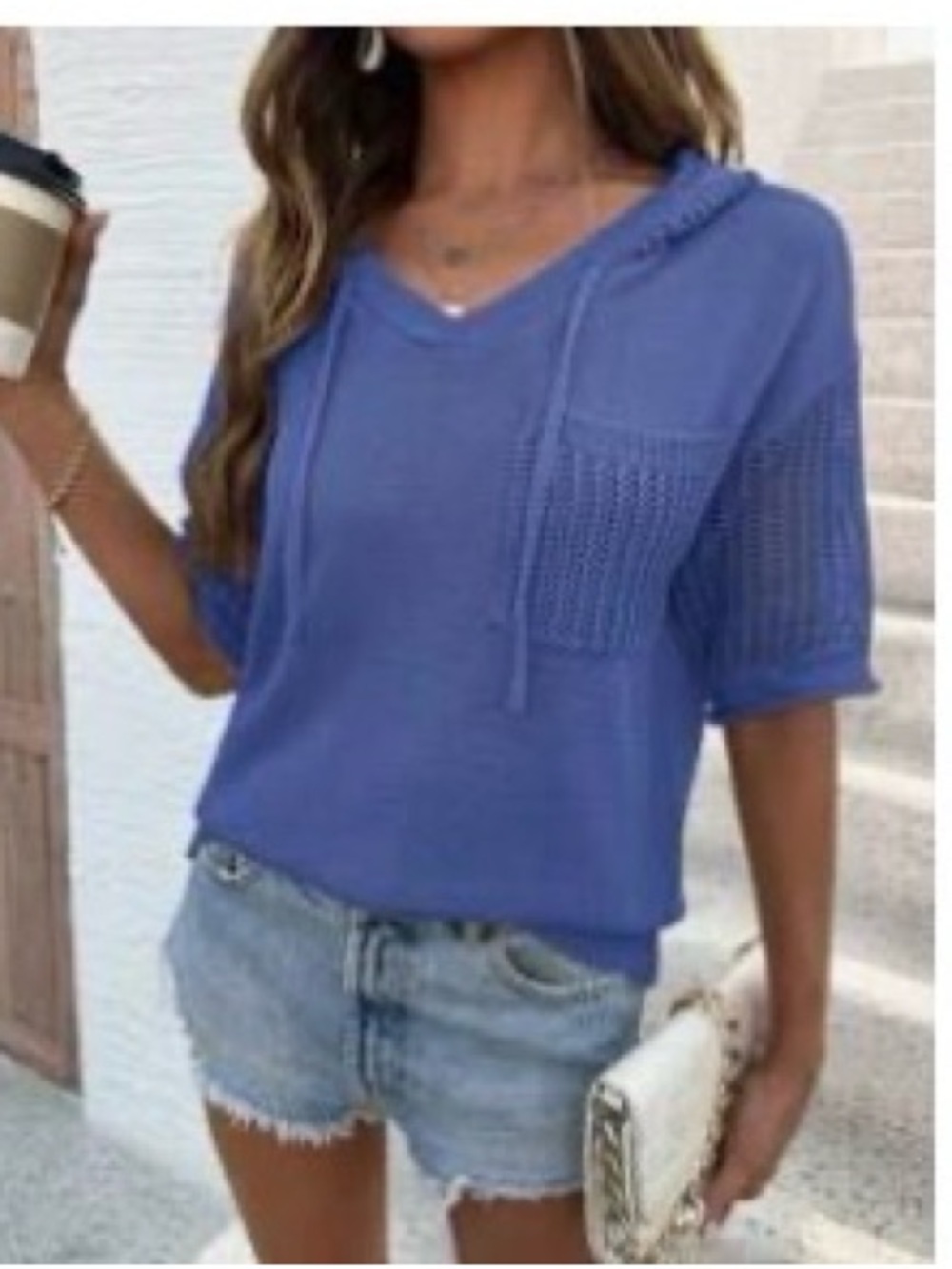 Shein Blue Open-Knit Hoodie Sweater